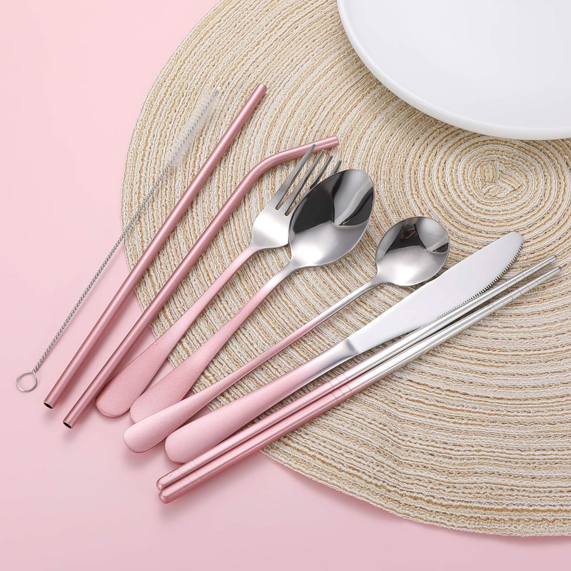 Topbooc Travel Utensils Reusable Silverware Set To Go Portable Cutlery Set with a Waterproof Carrying Case for Lunch Boxes Workplace Camping Picnic (GraPink) - Image 4